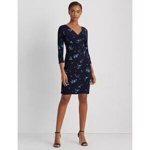 NWT LRL Ralph Lauren Navy Floral Wrap-Front Old Money Preppy Midi Sheath Dress 6